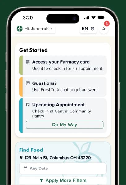 The FreshTrak app showing a signed-in home screen with reservations and nearby food.